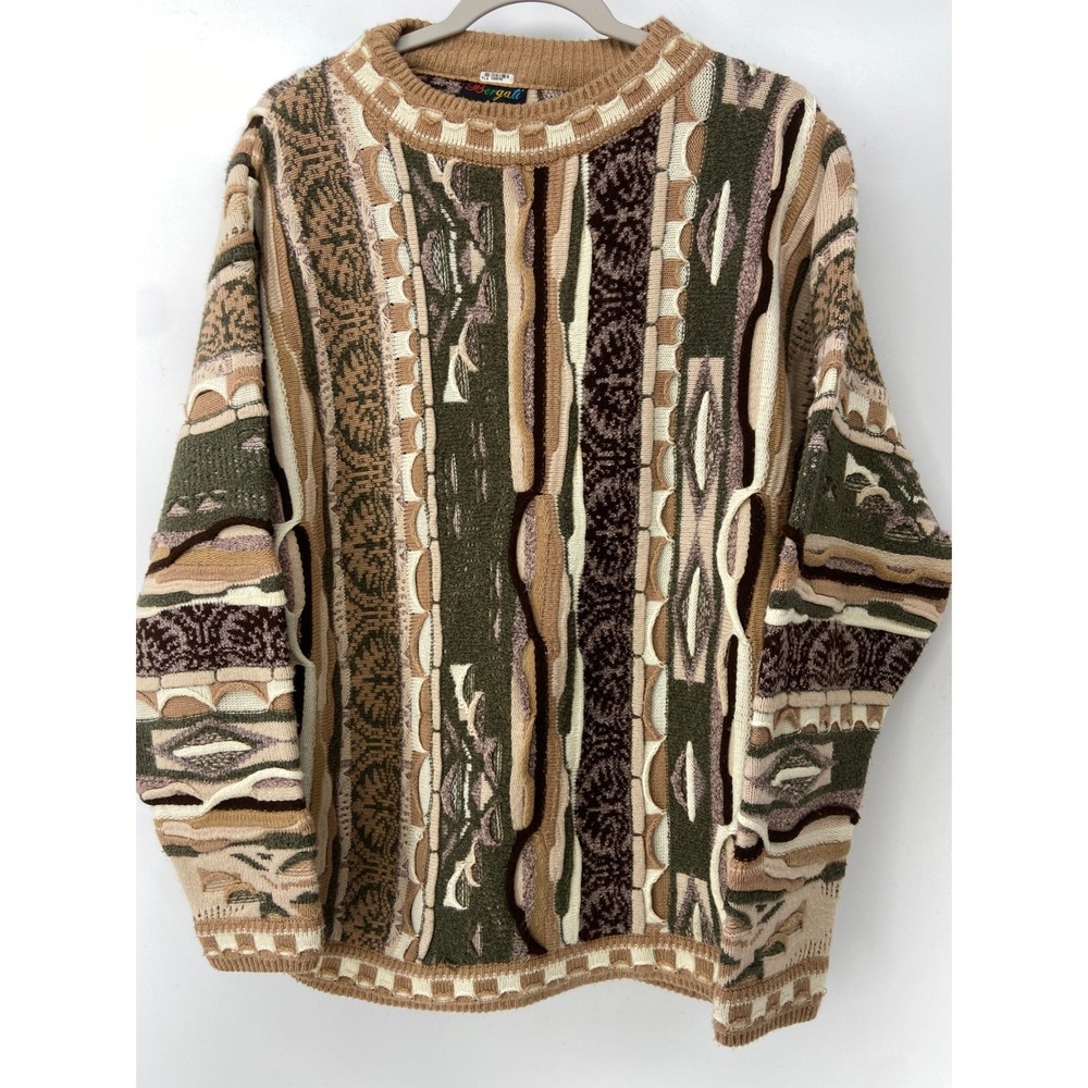 Vintage Bergati Sweater Mens Medium Tan 3D Knit Textured Hip Hop Artsy 90s Cable